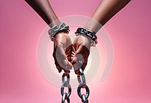 two hands are holding chains on a pink background