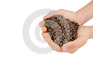 Two hands holding coffee beans