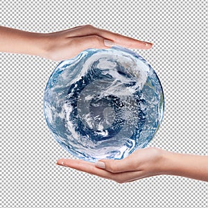 Two hands holding earth. Save the world.Elements of this image furnished by NASA