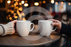 two hands holding glasses with iced coffee, street background. AI Generated