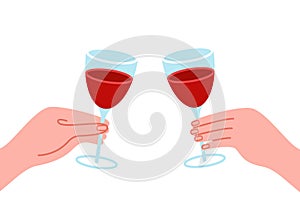 Two hands are holding glasses with red wine. Alcoholic drink for dinner, holiday. Vector illustration on white background