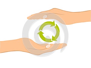 Two hands holding green recycle symbol