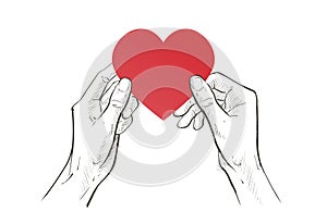 Two hands holding heart. Health care, help, charity, donate love and family concept. Vector sketch line illustration