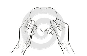 Two hands holding heart. Health care, help, charity, donate love and family concept. Vector sketch line illustration