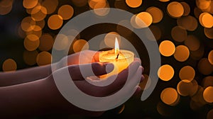 Two hands holding a lit candle amidst a dreamy bokeh background. Ai Generated