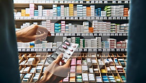 Two hands holding medicine bottles in front of stocked shelves, AI-generated.