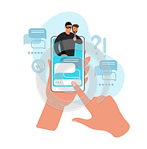 Two hands are holding a phone with a chat with a scam on the smartphone screen. Concept of cybercrime, fraud and