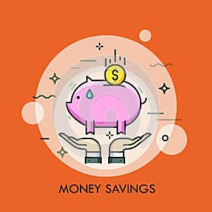 Two hands holding piggy bank and dollar coin. Money saving, personal finance depositing, investment and capital