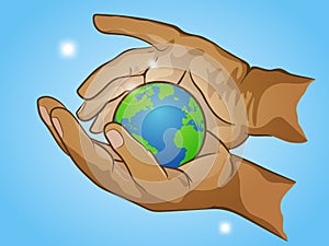 Two hands holding planet Earth, cherish the globe, illustration