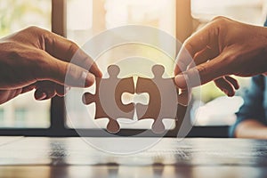 Two hands holding puzzle pieces against light background.