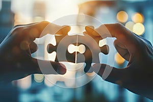 Two hands holding puzzle pieces against light background.