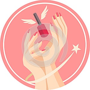 Two hands holding red nail polish bottle with wings and flying star around in pink circle