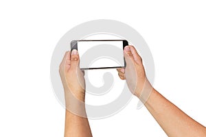 Two hands holding smart phone, clipping path