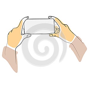 Two hands holding smartphone horizontally with blank screen Minimalistic line drawing vector. hands using mobile phone