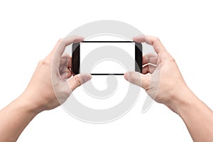 Two hands holding smartphone to take landscape photo, isolated white background