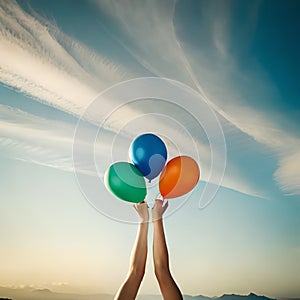 Two hands holding three balloons up to the sky