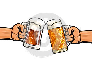 Two hands holding toasting beer mugs, Cheers. Vector illustration isolated on white background