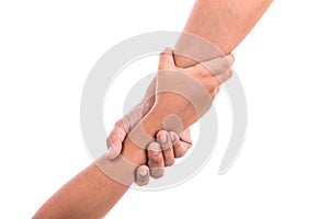 Two hands holding together. Help or support concept. Isolated on