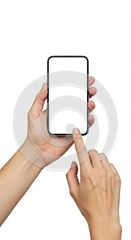 Two hands holding and touching a smartphone with a blank white screen