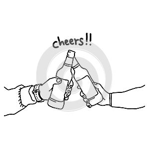 Two hands holding two beer bottles vector illustration sketch doodle hand drawn with black lines isolated on white background.