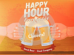 Two hands holding two beer glasses. Party Happy hour in a pub. Pop art Vector banner or flyer.