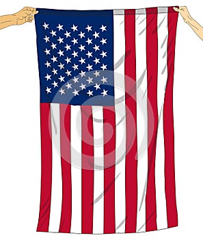 two hands holding USA flag, Hand holding American flag illustration on white background