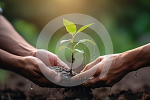 Two hands holding water and watering young tree. Earth day concept. Generative AI