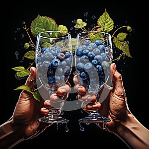 Two hands are holding wine glasses filled with ripe blueberries. For advertising fruits, berries, jams, compotes, juice photo