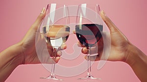 Two hands holding wine glasses and toasting