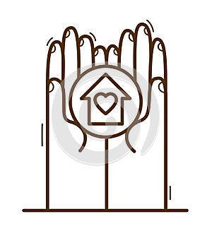 Two hands with home house protecting and showing care vector flat style illustration isolated on white, cherish and defense for