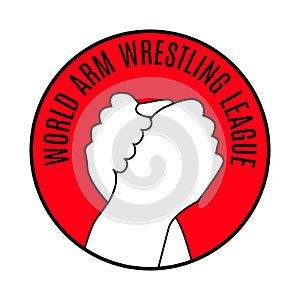 Two hands icon in arm wrestling, red round medal. Flat simple sign style line art. Outline symbol with stylized image of a gesture