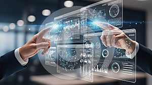 Hands interacting with futuristic digital interface displaying complex data and networks