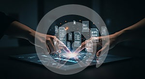 Two hands interact with a digital interface on a glowing touchscreen surface.