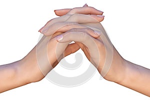 Two hands with interlaced fingers