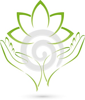 Two hands and leaves, massage and wellness logo