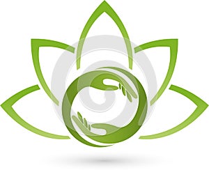 Two hands and leaves, plant, wellness and naturopathic logo photo