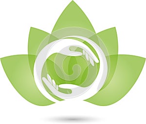 Two hands and leaves, plant, massage and wellness logo