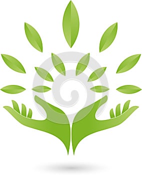 Two hands and leaves, plant, nature and gardener logo