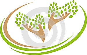 Two hands and leaves, spa and naturopaths logo, Gardener background, spa background, tree background