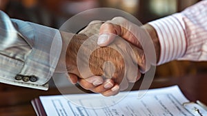 Two hands with legal documents between them shaking to signify the end of a dispute with the IRS over taxes