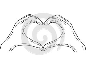 Two hands make heart shape in black isolated on white background. Hand drawn vector sketch illustration in doodle engraved vintage