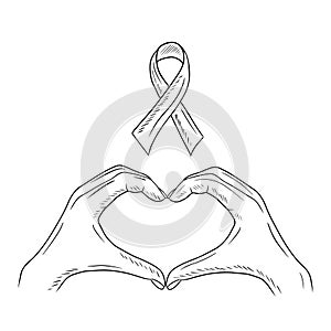 Two hands make heart shape with ribbon - symbol of worldcancer AIDS day Hand drawn vector sketch illustration in doodle engraved