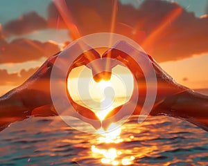 Two hands make heart shape with sun rays, emotional kiss picture