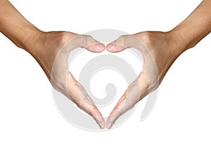 Two hands make heart shape on white