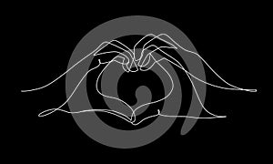 Two hands making heart sign continuous line drawing. Valentine`s day vector illustration
