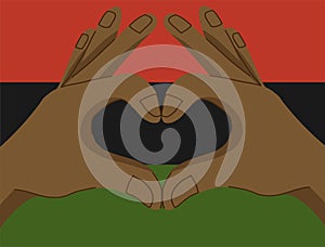 two hands making heart sign gesture with fingers on Pan African red black green flag background. Vector illustration in
