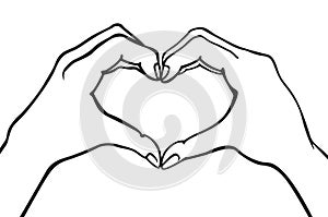 Two hands making heart sign. Love, romantic relationship concept. Isolated vector illustration line style.