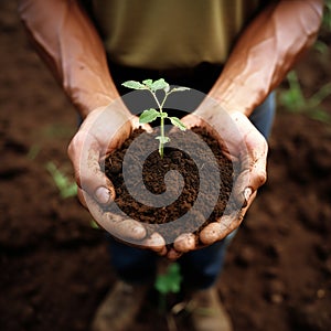 Two hands of the men was carrying a bag of potting seedlings to be planted into the soil.