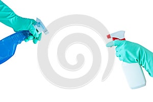 Two hands in mint blue rubber gloves with bottles of spray cleaner. space for text. isolate on a white background.