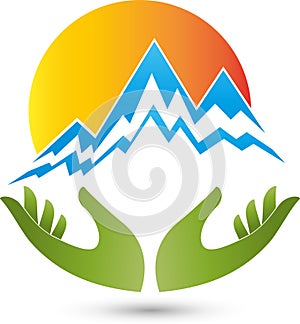 Two hands and mountains, sports and travel logo Logo